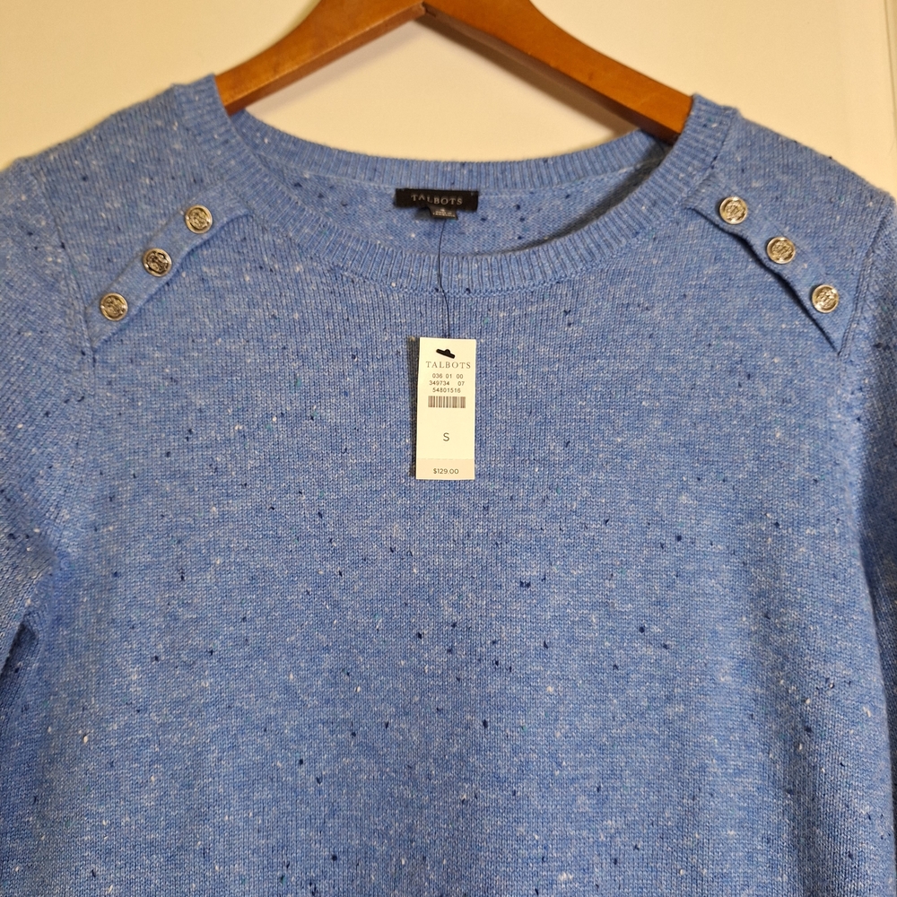 NWT Talbots Blue Speckled Sweater Dress Knit Button Shoulder 3/4 Sleeve Sz Small - Picture 2 of 7